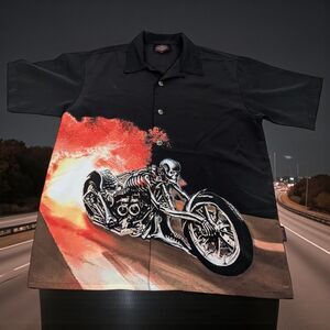Vtg Y2K Dragopnfly‎ Roadhouse Skull Fire Biker Button Shirt Sz Large